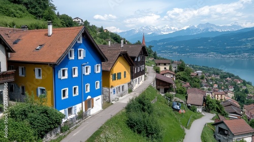 Wallpaper Mural Colorful Houses on Scenic Hillside Overlooking Serene Lake Torontodigital.ca