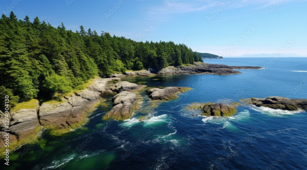 Coastal forest on rocky shoreline, clear water. For travel brochure or environmental conservation Coastal forest on rocky shoreline, clear water. For travel brochure or environmental conservation