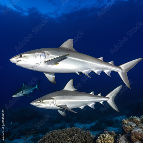 Bigeye trevally (Caranx sexfasciatus) and Whitetip reef shark (Triaenodon obesus) hunt at night, Indian Ocean, Maldives photo