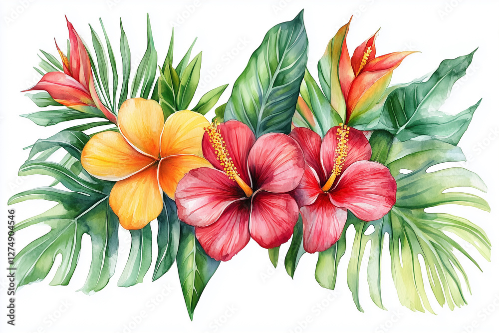 Obraz premium watercolor illustration of bouquet of pink lilies. bouquet of flowers. spring tropical background. close up hibiscus flowers