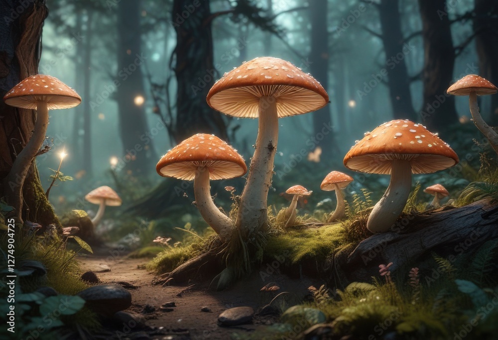 Fototapeta premium Whimsical woodland scene with glowing mushrooms and ethereal forest creatures , nature, glowing
