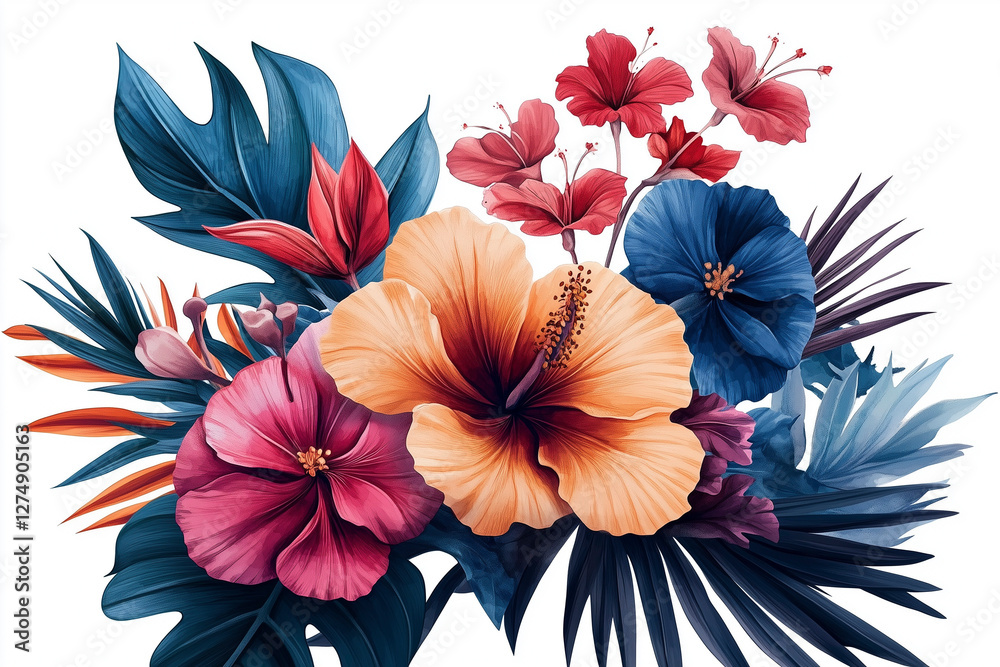 hibiscus flower isolated on white. watercolor background with tropical pink flowers and green leaves. hibiscus flower isolated on white. watercolor background with tropical pink flowers and green leaves.