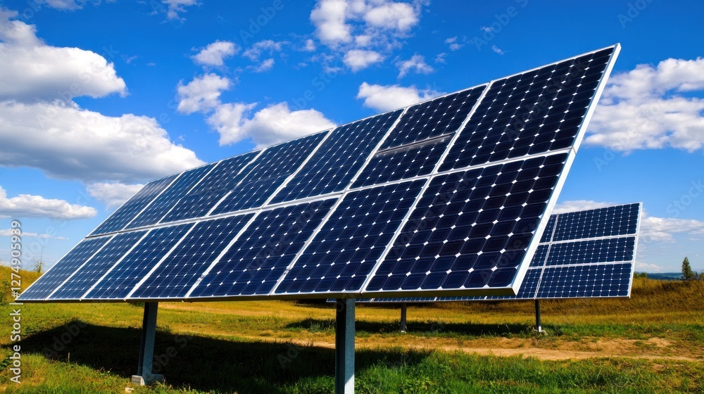Solar panels installed in a grassy field under a blue sky with clouds. Solar panels installed in a grassy field under a blue sky with clouds.