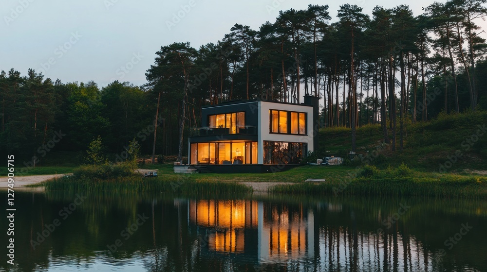 Modern Lakeside Home at Dusk: Tranquil Night Reflection Modern Lakeside Home at Dusk: Tranquil Night Reflection
