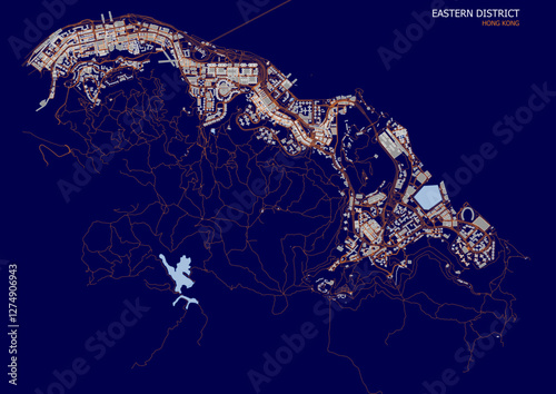 vector map of highways waterways and buildings in central and western districts in Hong Kong in blue and orange color
