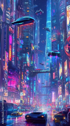 Futuristic cyberpunk city with flying vehicles and bright neon lights