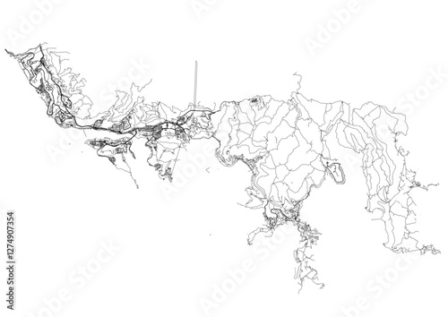 vector map of highways and buildings in central and southern districts in Hong Kong in black and white color