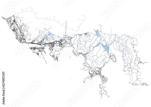 vector map of highways waterway and buildings in central and southern districts in Hong Kong in black and white color