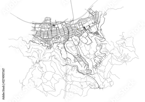 vector map of highway in central and wan chai districts in Hong Kong in black and white color
