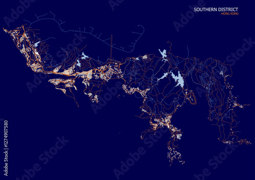 vector map of highways waterways and buildings in southern districts in Hong Kong in blue and orange color