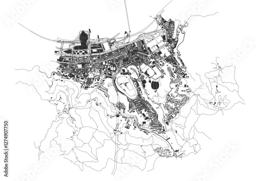 vector map of highways and buildings in central and wan chai districts in Hong Kong in black and white color