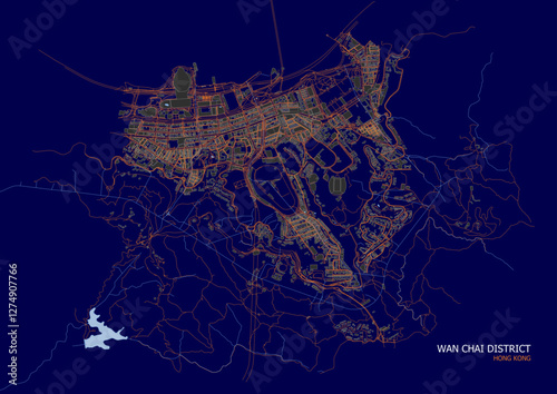vector map of highways waterways and buildings in wan chai districts in Hong Kong in blue and orange color