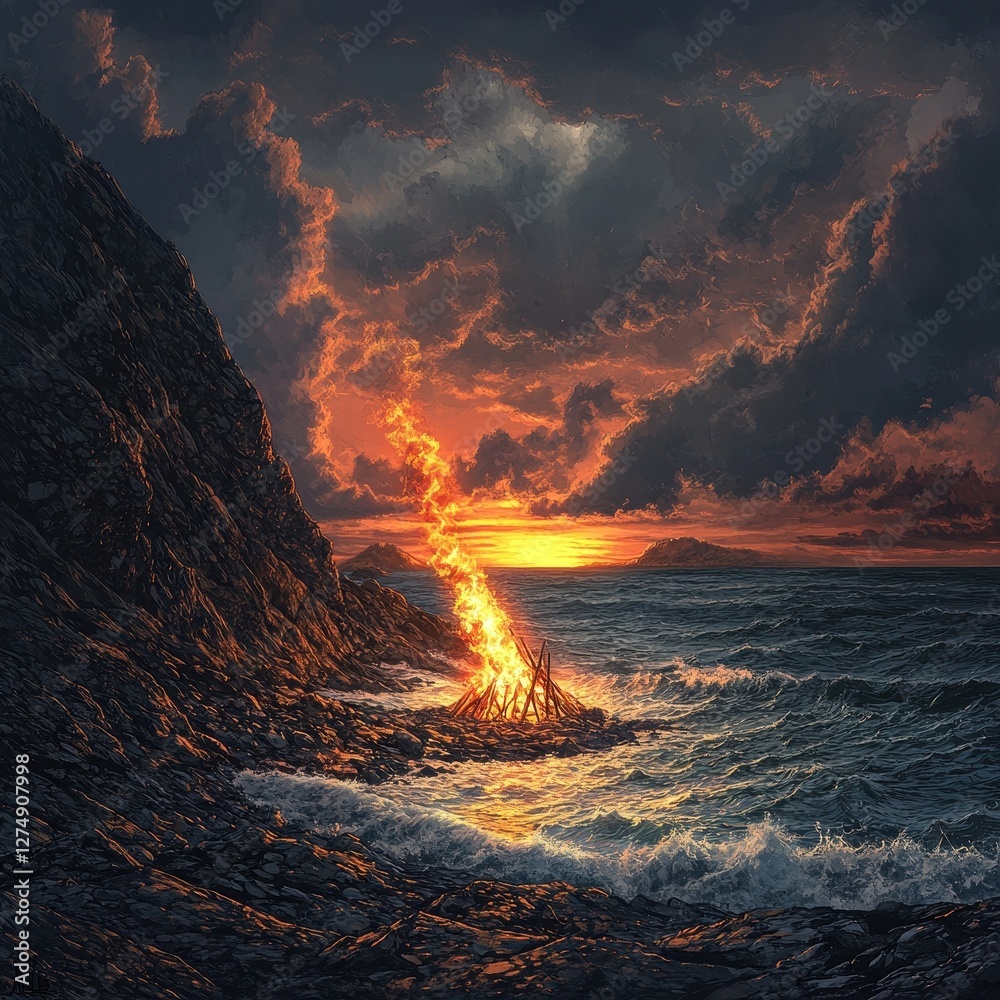 Naklejka premium Bonfire ablaze on rocky shore with waves under sunset