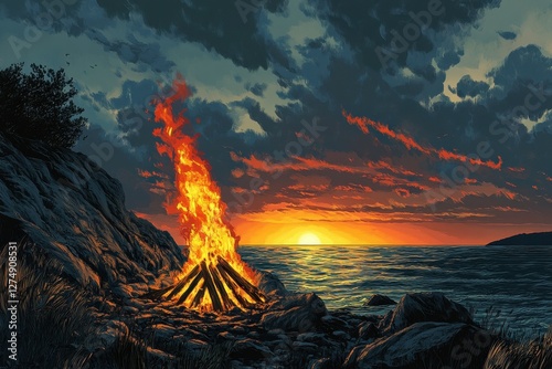 Campfire burns brightly on rocky beach at sunset near water