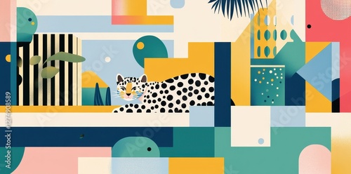 Wallpaper Mural Abstract geometric composition featuring a resting leopard and foliage Torontodigital.ca