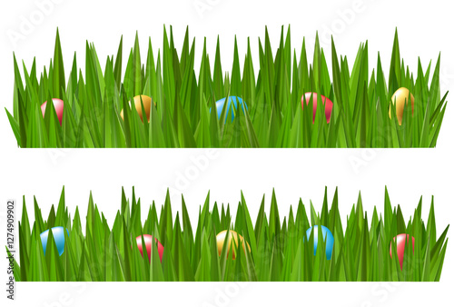 Easter egg hunt in spring grass field vector background. Gold colored chocolate candy gathered to basket. 3d render banner for poduim border. Meadow cartoon bright decoration card, cute bunny gifts photo