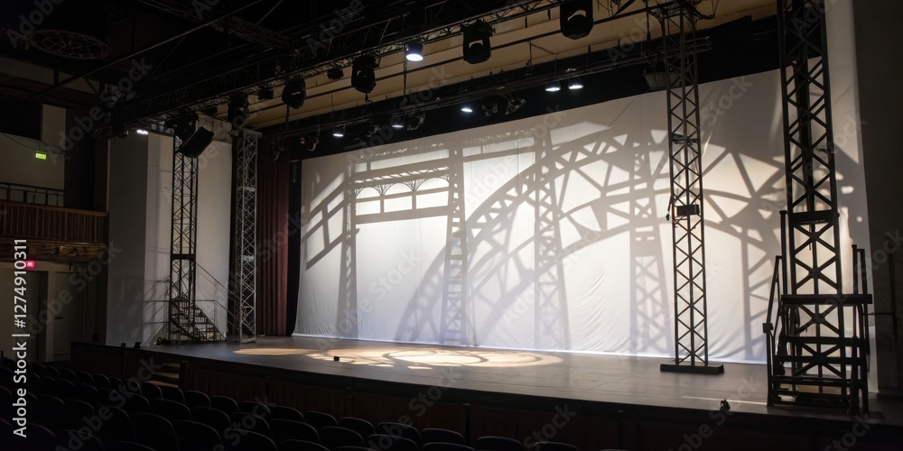 Naklejka premium Stage setup highlighting intricate shadows and lighting effects in a modern theater environment