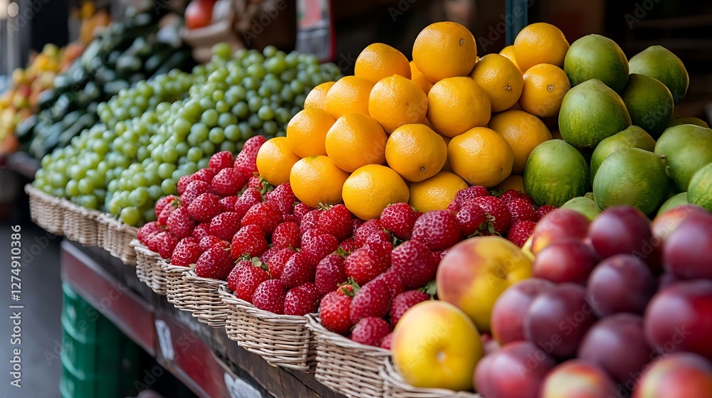 Fresh fruits arranged on market stall Fresh fruits arranged on market stall