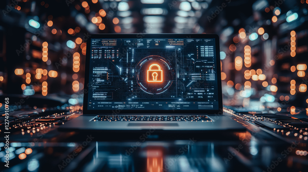 Secure digital environment with a locked padlock symbol on a laptop screen Secure digital environment with a locked padlock symbol on a laptop screen