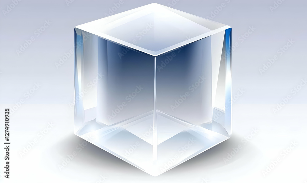 Transparent glass cube on light gray background. Possible use Graphic design element, presentation slide, abstract image Transparent glass cube on light gray background. Possible use Graphic design element, presentation slide, abstract image