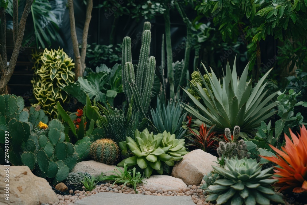 Fototapeta premium Diverse Collection of Succulents and Cacti in a Lush Green Botanical Garden