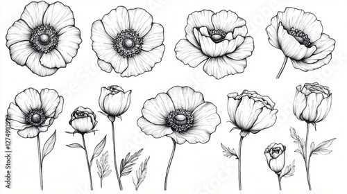 Line art poppy flower collection; design element