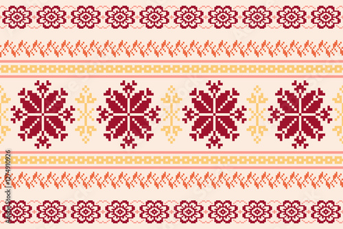 Embroidery ethnic oriental pixel art pattern.Traditional ethnic motifs ikat geometric fabric pattern cross stitch.Aztec style,abstract background vector illustration.Texture,scarf,decoration,wallpaper