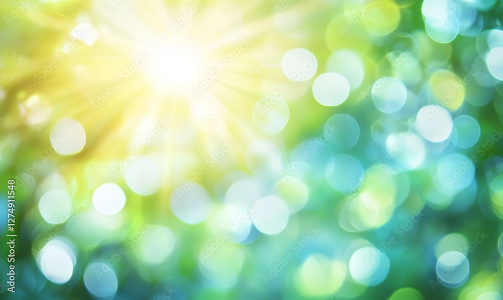 Fototapeta premium Sunburst bokeh, green, nature, background, spring, light, abstract, design, texture, website
