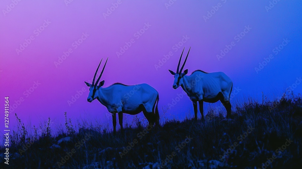 Fototapeta premium Two oryx silhouetted against a vibrant purple and blue sunset.