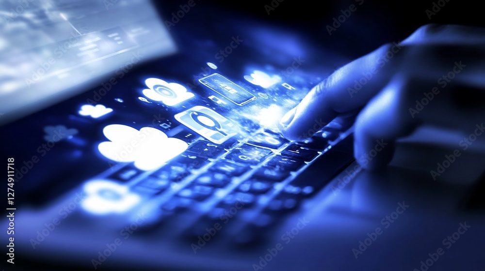 Fototapeta premium Nighttime social media interaction; glowing keyboard, data stream
