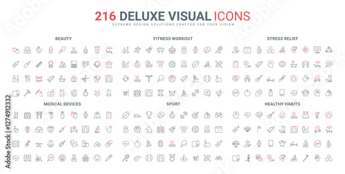 Healthy food and habits, sport training, medical line icon set. Stress therapy, assistance of counsellor and friend in mental health disorder thin black and red outline symbols vector illustration