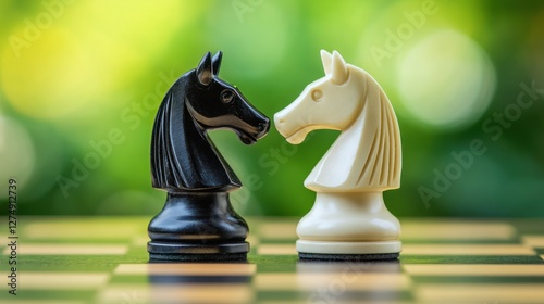Two chess knights, black and white, facing each other on a chessboard, against a blurred green background.
