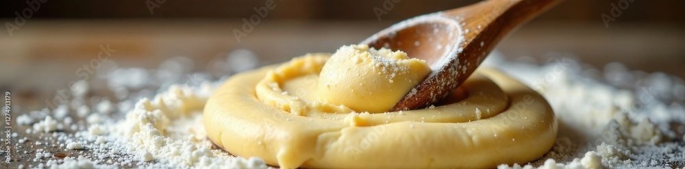 Wooden spoon scooping out dough from a mixing bowl onto a floured surface, baking, wooden spoon, rolling pin Wooden spoon scooping out dough from a mixing bowl onto a floured surface, baking, wooden spoon, rolling pin