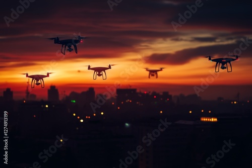 Urban Drone Swarm Sunset Aerial Photography