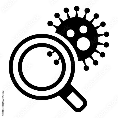 icon depicting a magnifying glass examining a virus, symbolizing microbiology and research.