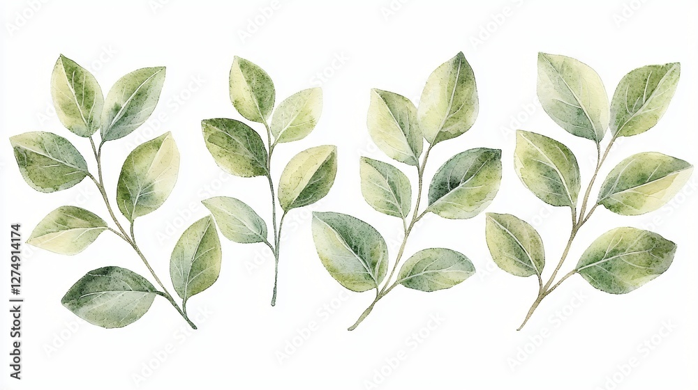 Naklejka premium Watercolor green leaves, botanical illustration, white background, design element
