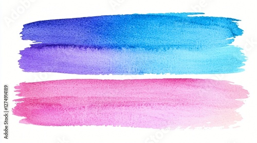 Watercolor paint strokes, blue pink gradient, white background, design element
