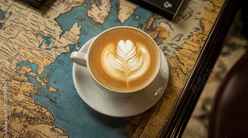 A beautifully crafted latte art on a vintage world map table in a cozy cafe setting