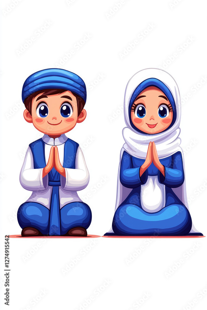Cartoon illustration of a boy and girl in traditional Muslim attire, sitting and praying. Cartoon illustration of a boy and girl in traditional Muslim attire, sitting and praying.
