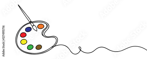 Brush and painting palette with paints. Continuous one line drawing. Vector illustration isolated on white background