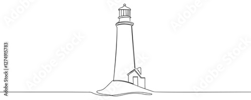Continuous one line drawing of lighthouse tower on the ocean. One line drawing illustration of lighthouse tower. Searchlight concept continuous line art.