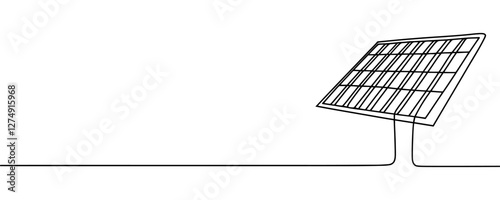 One continuous line drawing of Solar panel with sun. Green clean energy and renewable resources in simple linear style. Power station and save ecology icon. Doodle vector