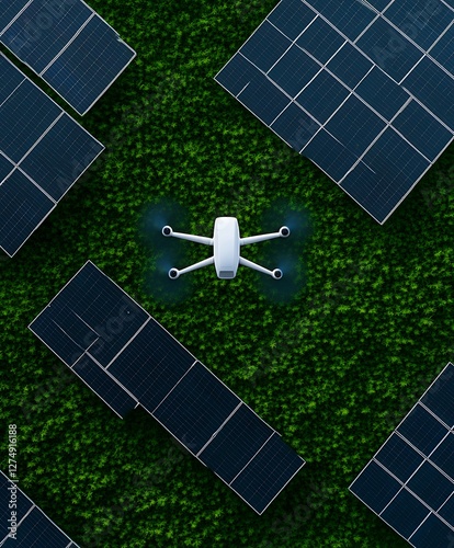 Aerial View of Drone Inspecting Solar Panels in a Lush Green Field