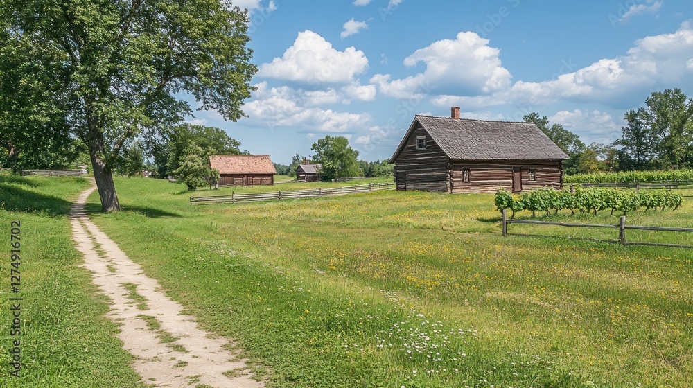 Serene Countryside Log Cabins on a Sunny Day Serene Countryside Log Cabins on a Sunny Day