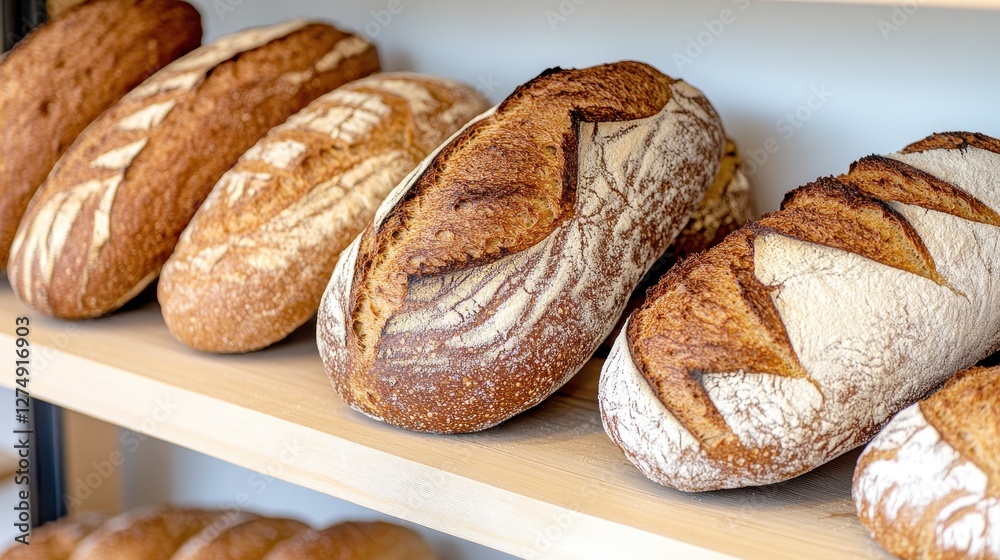 Freshly Baked Artisan Bread Loaves Displayed on Wooden Shelf in Cozy Bakery Setting