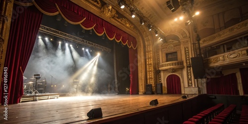 Empty theater stage illuminated by spotlight with smoke effects before a live performance at night photo