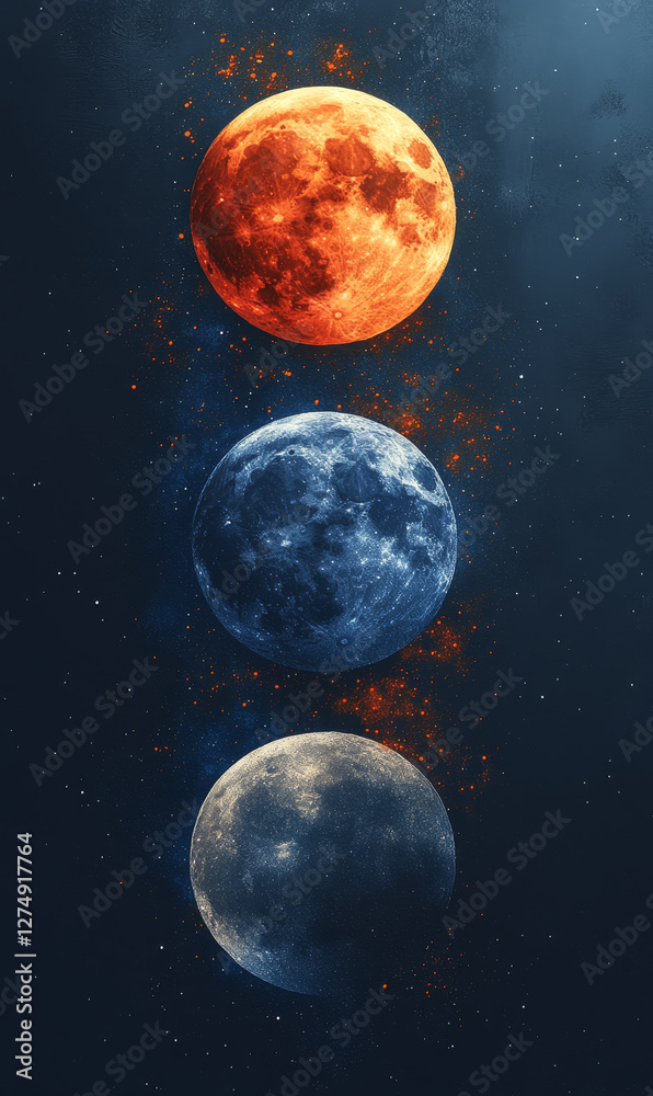 Fototapeta premium Colorful representation of moon phases in vibrant hues and textures