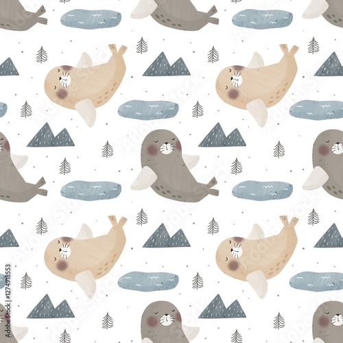 Photography seamless pattern with cartoon seal, decor elements