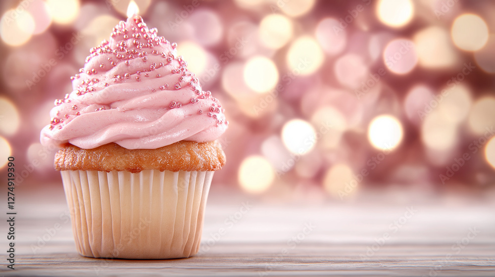 Sweet Celebration: A single cupcake with a vibrant pink frosting and a candle on top, rests on a wooden surface. Delicate bokeh background. Capturing the essence of sweetness and celebration. Sweet Celebration: A single cupcake with a vibrant pink frosting and a candle on top, rests on a wooden surface. Delicate bokeh background. Capturing the essence of sweetness and celebration.