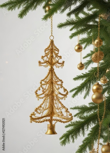 Christmas tree with ornaments hanging from golden chains isolated on a white background,  ornaments,  holiday,  gold photo